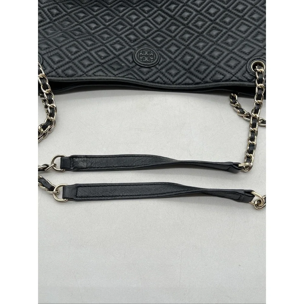 Tory Burch Marion Black Quilted Leather Tote Bag Chain Strap Large‎